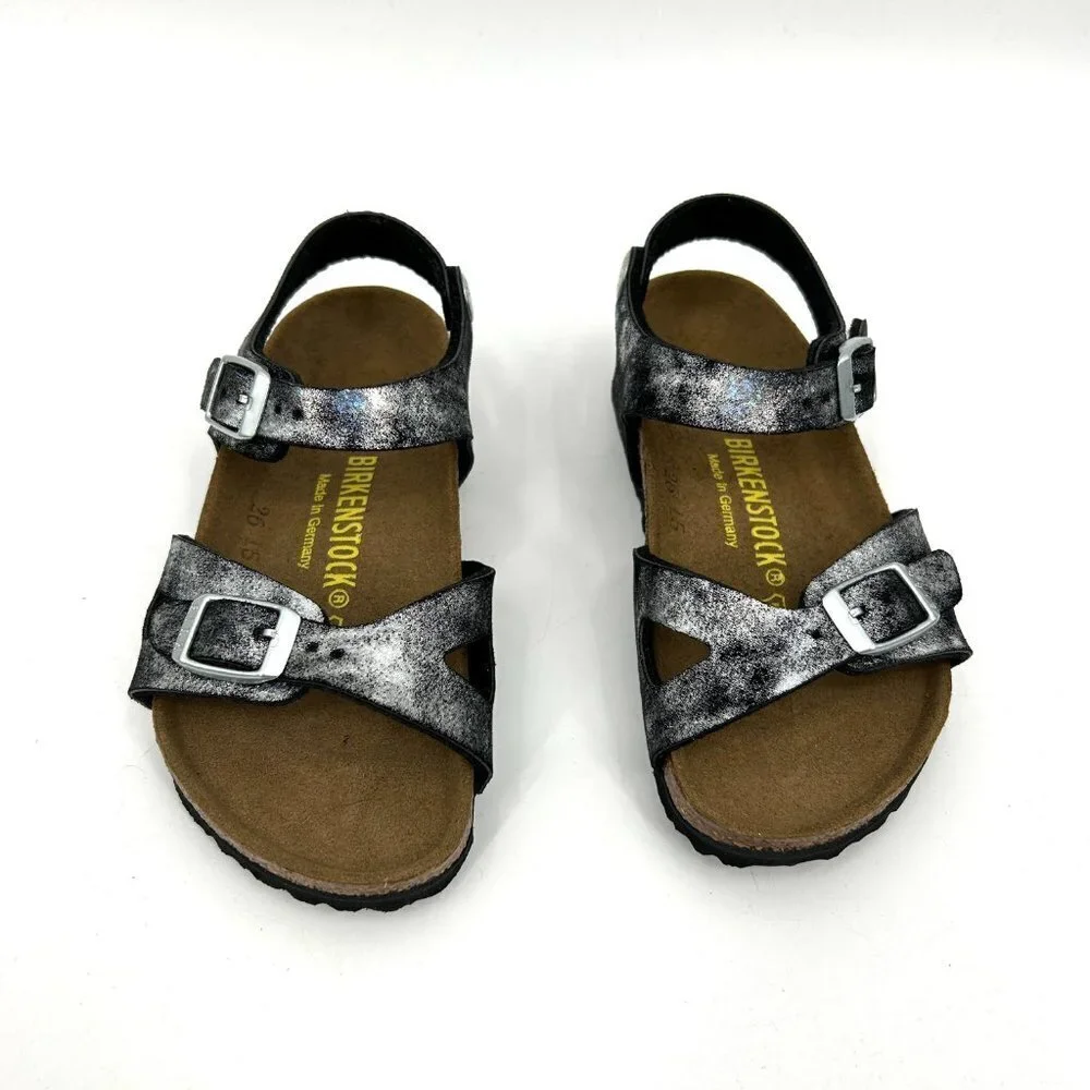 NIB BIRKENSTOCK Girls Kids Rio Black Silver Metallic Sandal Shoes Size 26 / 8